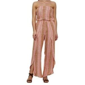 Anthropologie Drew Pink Tan Stripe Linen Blend Strapless Jumpsuit Size Small